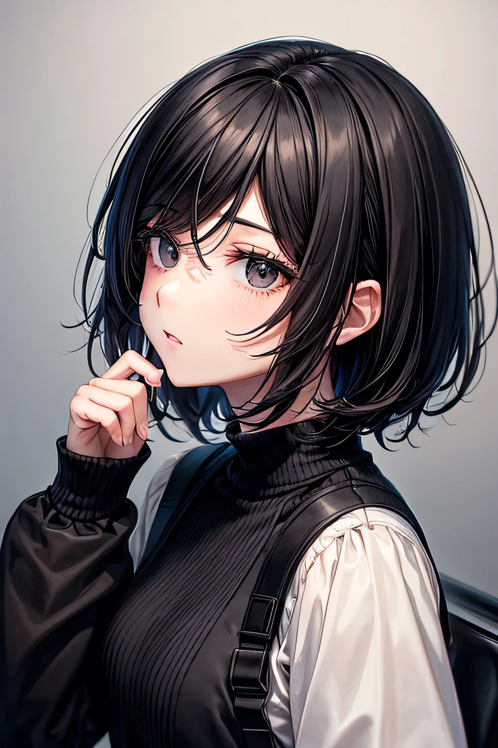 Man, mashed black hair, black eyes, black clothes