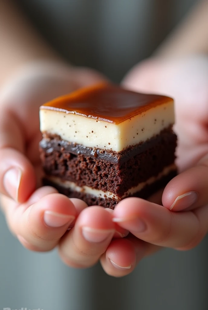 mini square cake with 2 layers of chocolate cake with dark chocolate filling covered with slightly transparent white syrup in a hand holding