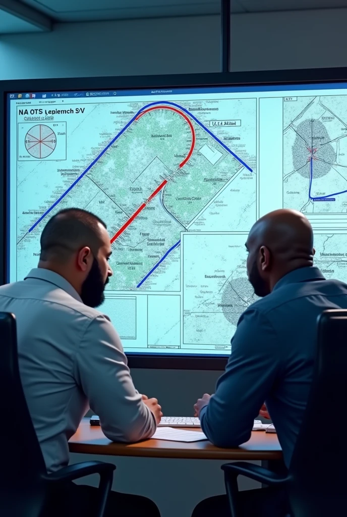 LHACEN a Maghrebi project manager he shaved his beard ,round face, cheveux tres courts ,sitting with Adama young black obese ,very broad shoulder, a big belly and a big bald head he shaved his beard ,ils regarde un grand écrans qui projete des plan de cable de reseau telecom au Val d'Oise