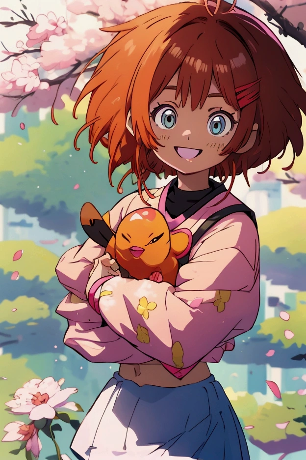 solo, (Pokémon Sakura), ((art)), ((high resolution)), ((best quality)), extremely thin and beautiful, super fine illustration, (realistic skin), (incredibly detailed anime eyes), face detailed, vivid and beautiful, incredibly detailed, beautiful detailed girl, warm colors, (Short hair), konohagakure, (small chest), (Sunny background), training, ((kunoichi)) smiling, happy
