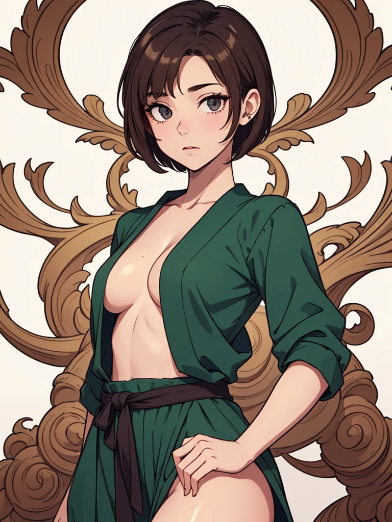 (((masterpiece, best quality, ultra highres, 1 girl, solo, no background))), super detailed skin and face and eyes and finger, beautiful japanese woman, flat :1.5, skinny, light brown hair, very short pixie hair, pixie haircut, cowboy shot, white background, 2D anime, boyish, Various clothes, Various poses, Various expressions, draw the entire character within the frame, ensuring that the head, arms and legs are not cut off, with the character positioned centrally, female genitale through tight clothing, nipple dots:-1,