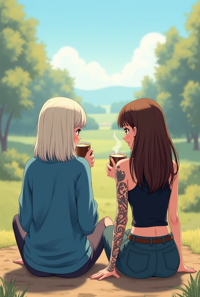 Une illustration de deux filles qui boivent un café assises par terre qui regardent le paysage en face d'elles. They are far from each other. The first girl has platinum blonde hair with a very straight shoulder length bob and a blue sweater.. The second girl has very long brown hair down to her back and wavy and a black tank top. She has her entire right arm tattooed. 