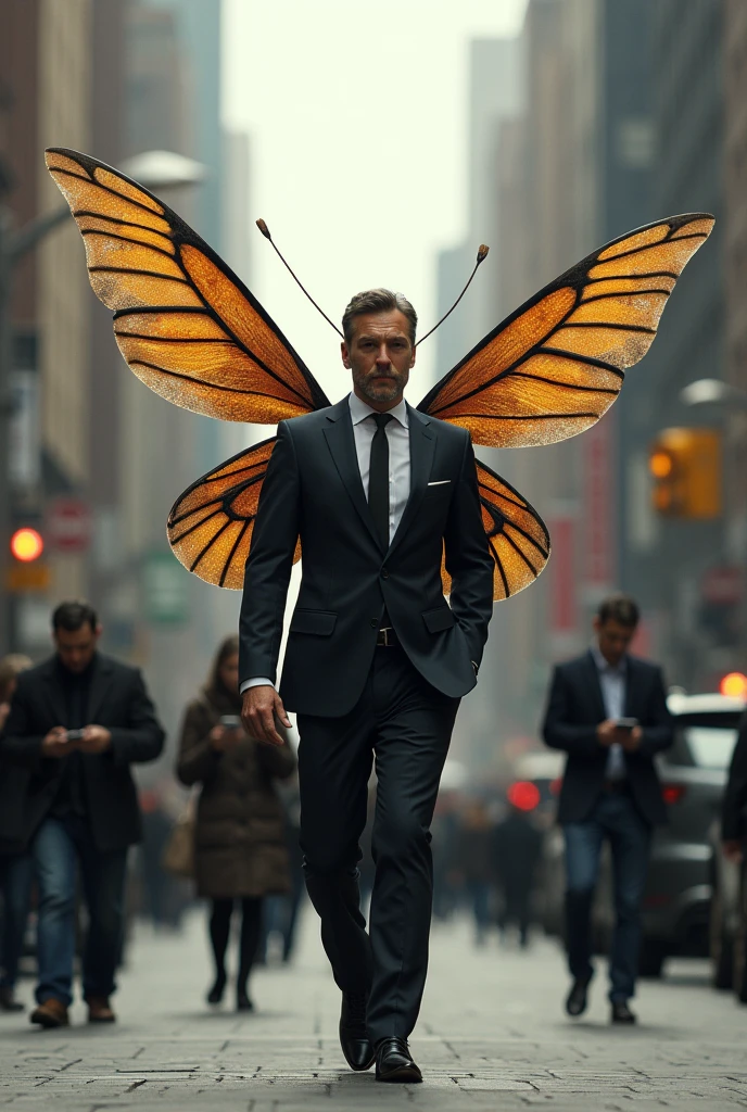 a businessman, with insect wings coming out of the back, walks through the city streets. People around are distracted, looking at their cell phones, and do not perceive the metamorphosis.