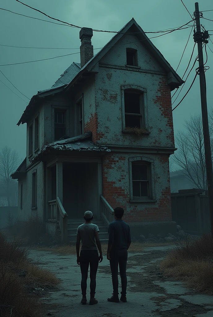 a precarious single-story house made of bricks and zinc sheets almost falling apart in an urban environment at night with two people in front