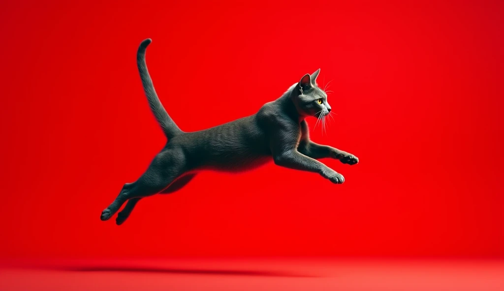 professional photo, jumping cat on a red background
