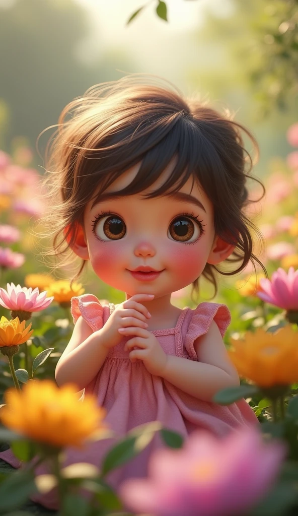 Create a UHD photorealistic image of a 24-month-old girl named Maëlysse, surrounded by a garden of blooming flowers. Captured with a 100mm f/2.8 macro lens to focus on her delicate features and the vibrant floral background. Ensure exactly five fingers, no 3D style image, no animation style, no Pixar style animation.
