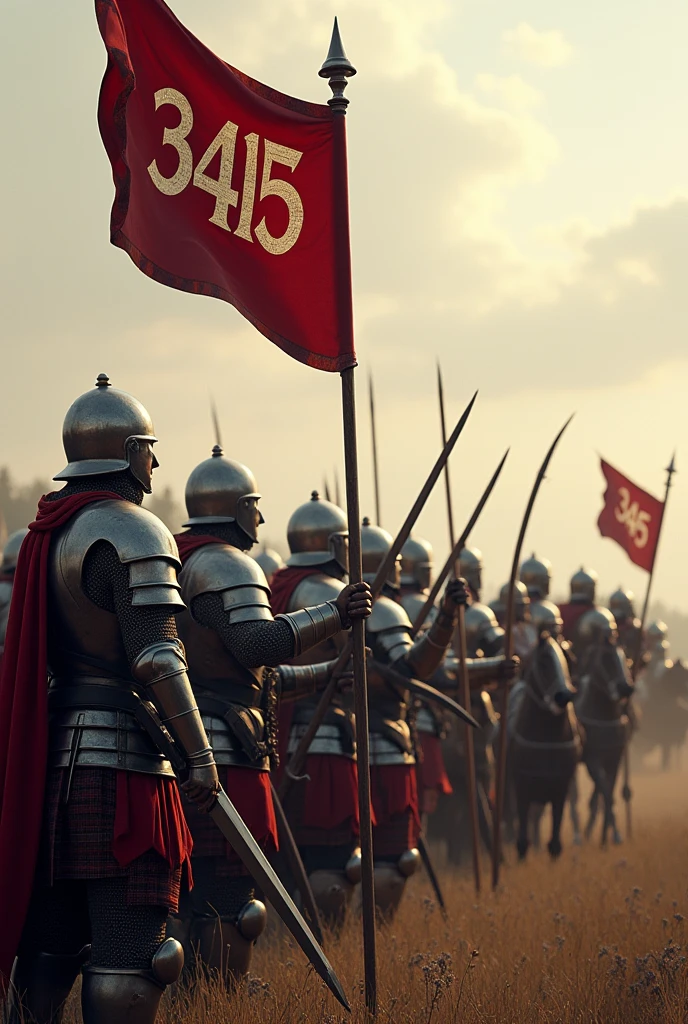 (Photorealism:1.2); Five strong men wearing armor and wielding swords, five men using bow and arrow and five men mounted on horses wielding weapons, profiled in a line. At the front, a strong man holding a flag with the inscription 3415.