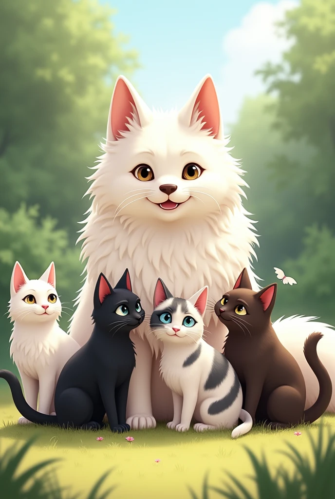 five cats together and one dog. Dog Baxley big white german spitat. Sniezik cat is the biggest of them all he is all white with little light brown-greyish spot above his left eye. Kuro cat is all black but he is angel with wings. Dida cat is like leopard but she is -white-grey coloured. Pipi cat one is dark brown  Mica cat is black/white.