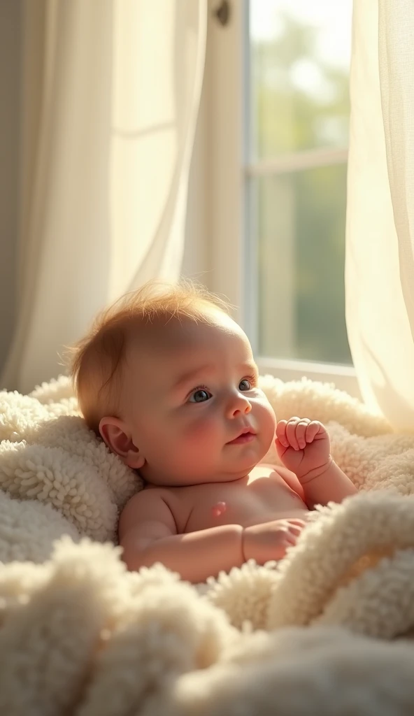 Create a UHD photorealistic image of a 2-month-old girl named Liora, bathed in soft, natural light near a window with sheer curtains. Captured with a 35mm f/1.8 lens to emphasize the gentle light and her glowing presence. Ensure exactly five fingers, no 3D style image, no animation style, no Pixar style animation.
