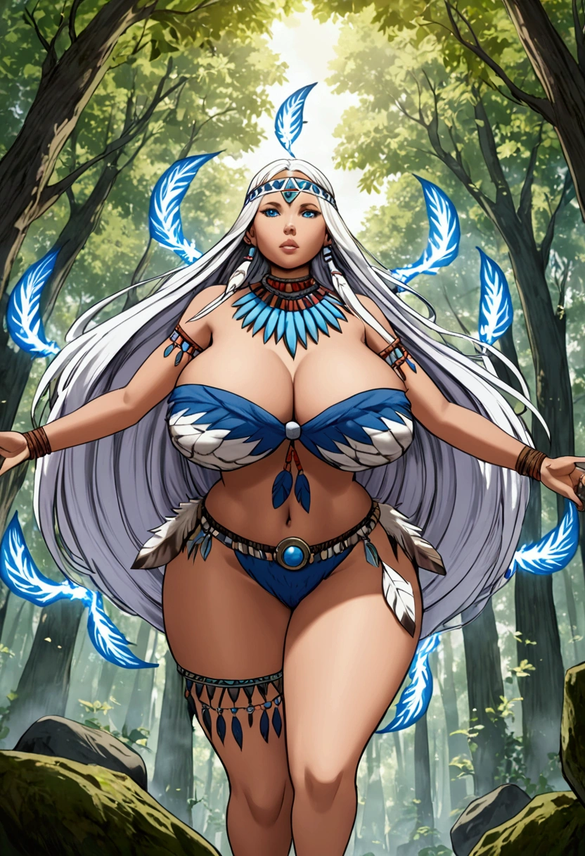 An indigenous woman floating inside a forest emanating a blue power wearing animal skins and animal bones with her powers making stones float and leaves fly With her wearing Native American style clothing and she has blue eyes like I see big boobs and a huge ass and giant big thighs and huge hips with her having white hair
