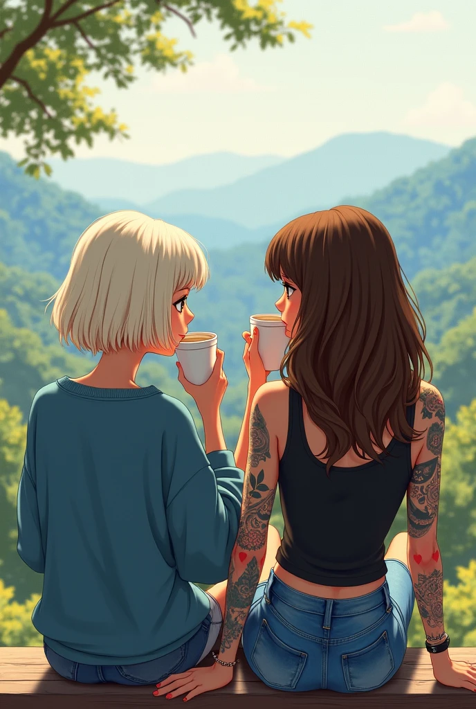 Une illustration de deux filles qui boivent un café assises sur un banc qui regardent le paysage en face d'elles. They are far from each other. The first girl has platinum blonde hair with a very straight shoulder length bob and a blue sweater.. The second girl has very long brown hair down to her back and wavy and a black tank top. She has her entire right arm tattooed.