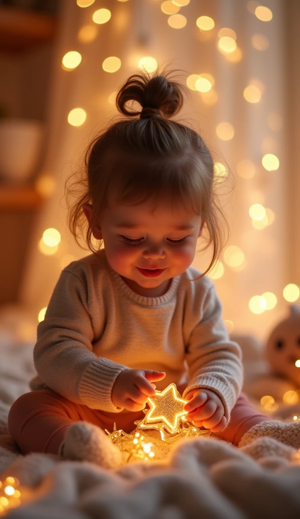 Create a UHD photorealistic image of a 30-month-old girl named Zélina, playing with star-shaped toys in a room adorned with twinkling lights. Captured with a 24mm f/1.4 lens to highlight the sparkling background and her bright expression. Ensure exactly five fingers, no 3D style image, no animation style, no Pixar style animation.