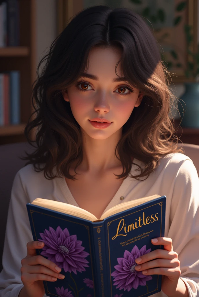 Ragazza con capelli mossi medi con occhi marroni che legge un libro con la copertina con una dalia viola chiamato limitless in versione realistica