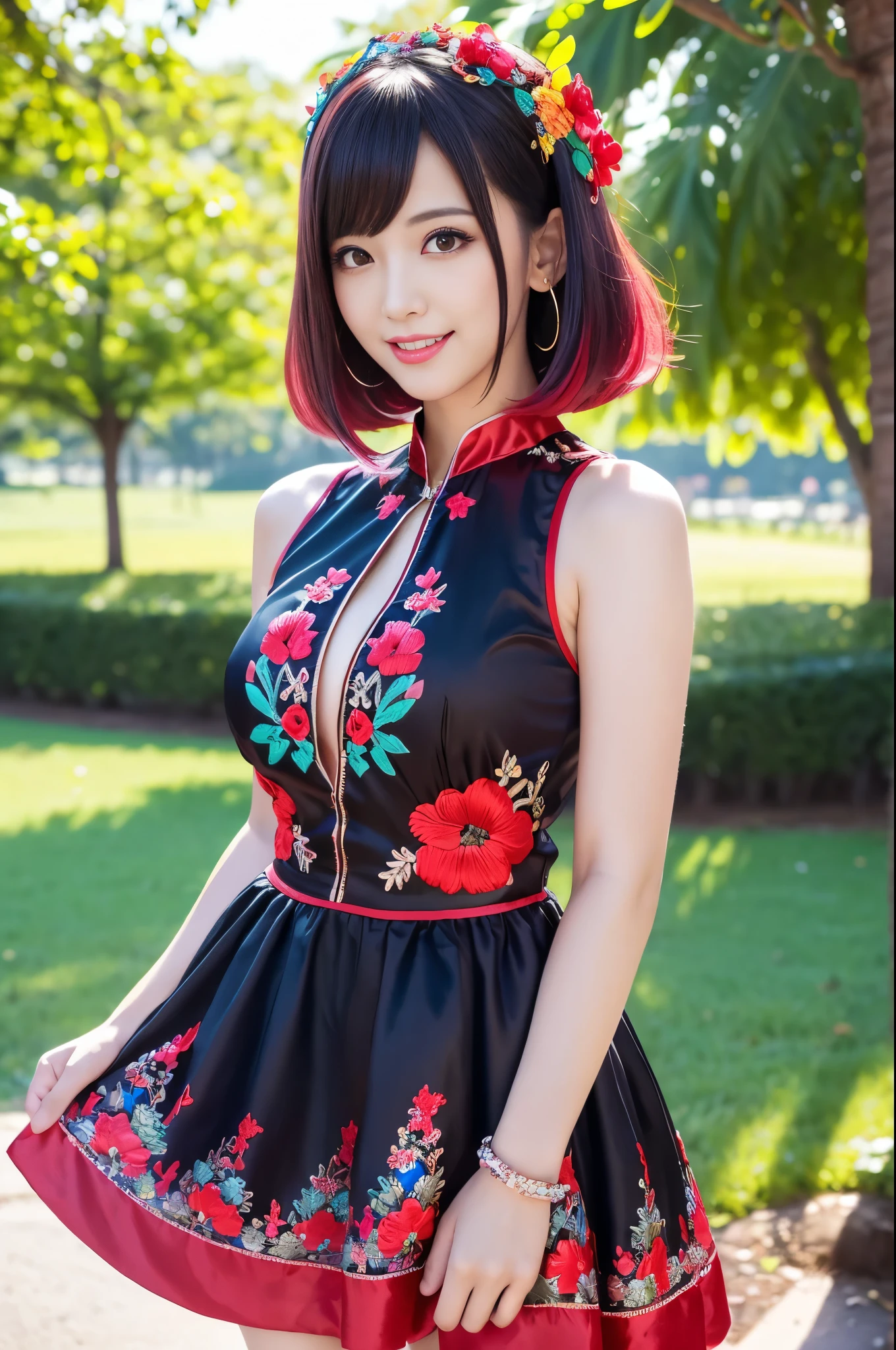 (masterpiece:1.4), (best quality:1.4), ultra high res, ultra high resolution, ((detailed facial features)), HDR, (realistic, photorealistic, photo-realistic:1.37), full body Esbian, sexy Swedish model, (-anime), only 1 model, vivid colors, ((vivid colors multicolor very short hair)), (big smile), lip-gloss, long lashes, defined eyebrows, wearing large sparkling colorful jewelery, wearing a red silk Paradise Kiss cosplay dress with black floral embroidery, ((vivid colors outfit)), vivid colors, look at the camera, cinematic light, large park background with trees, sweet and sexy pose