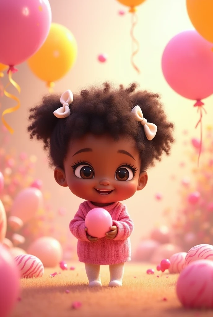 pixar film style, Black-skinned child, cute child, happy child, curled hair, 5 years, wearing pink sweater, white stockings, without shoes, white bow on the head, holding pink candy balloon, background with pink and yellow candy balloons