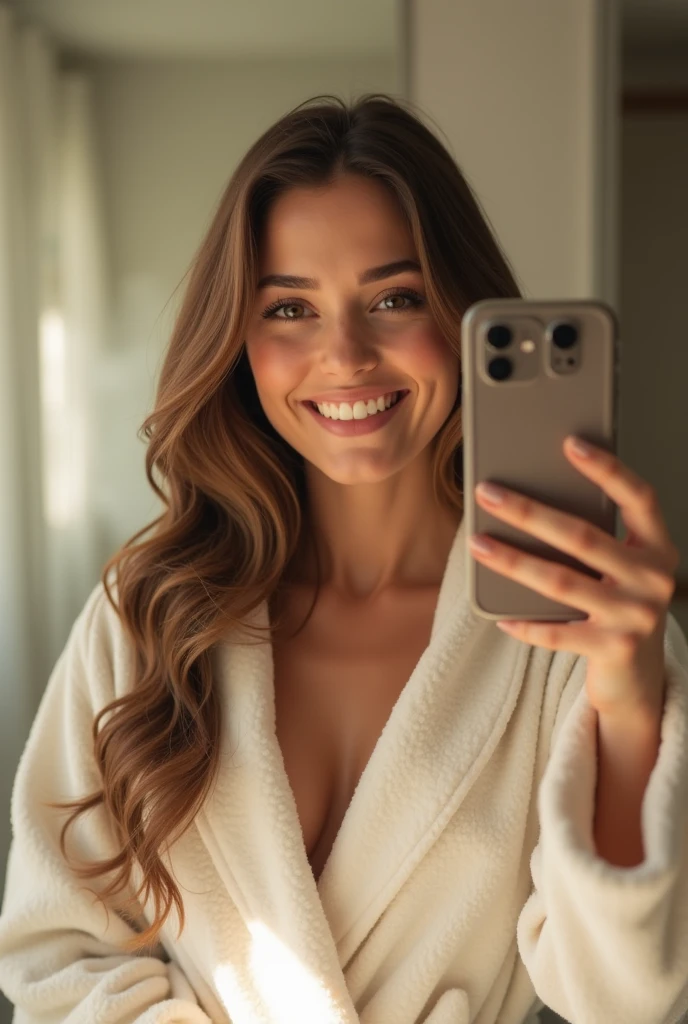 /imagine prompt: 8K, RAW photo, best quality, (masterpiece:1.3), (photorealistic:1.4), ultra-detailed, 1 woman, brunette, solo, warm smile, detailed modern bathroom, bright lighting, taking selfie, (mirror reflection:1.2), (phone visible:1.1), casual pose, Canon EOS R5, 24-70mm f/2.8L lens, beautiful detailed eyes, (long wavy brown hair:1.2), natural makeup, (white bathrobe:1.1), steam in background, soft skin texture