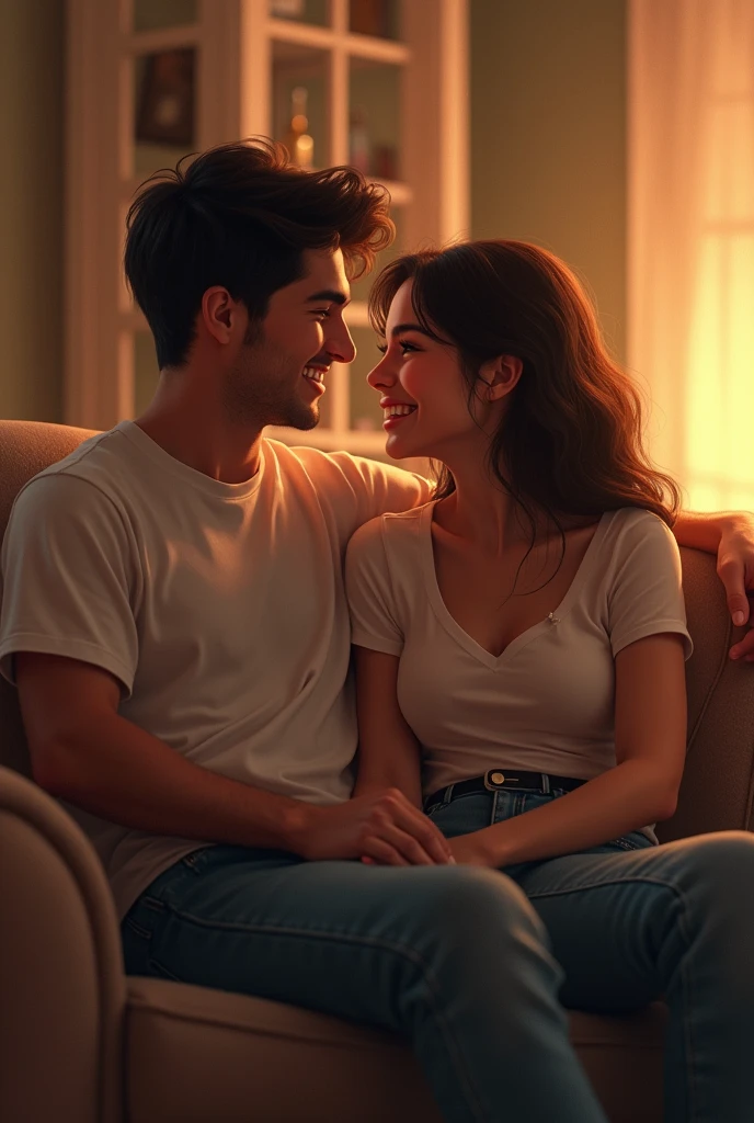 woman smiling in looking at her boyfriend both sitting on one chair
