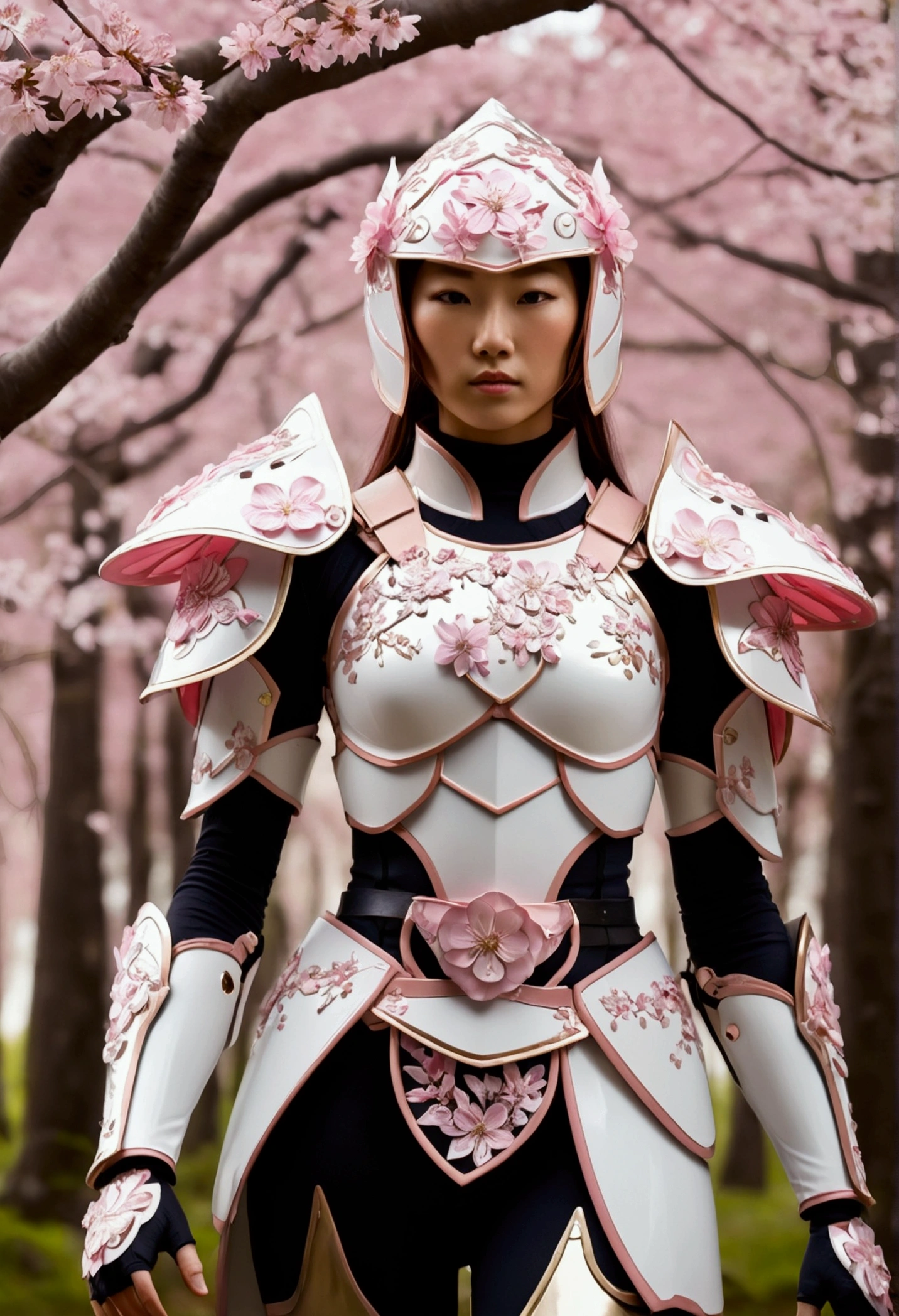 A tall, elegant warrior woman from the Sakurianas species, wearing a unique armor that reflects their abilities and beauty. The armor is lightweight, made of petal-like material that is 100 times stronger than diamond but appears delicate and organic. The armor has a shimmering pink and white color scheme, resembling the natural hues of Sakura petals. The chest plate and shoulder guards are adorned with intricate floral patterns that look like blooming Sakura flowers. The helmet is sleek, with a visor shaped like overlapping petals, and the whole armor has a flexible, almost fluid-like appearance. The armor also has glowing veins of energy running through it, matching the regenerative and powerful nature of the wearer. The background is a mystical forest, with falling Sakura petals around the warrior.