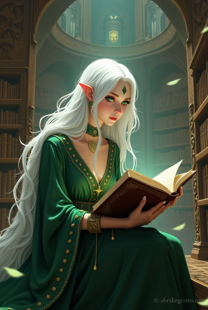 A green-eyed, white-haired qareen, with a circular tattoo on the neck, is reading a book in a gigantic library. An RPG model.