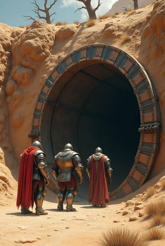 Create a giant oven with an iron door that is on the ground because the oven is underground that can only be opened from the outside with 3 medieval giant soldiers without the red cape in a place like a desert but some trees