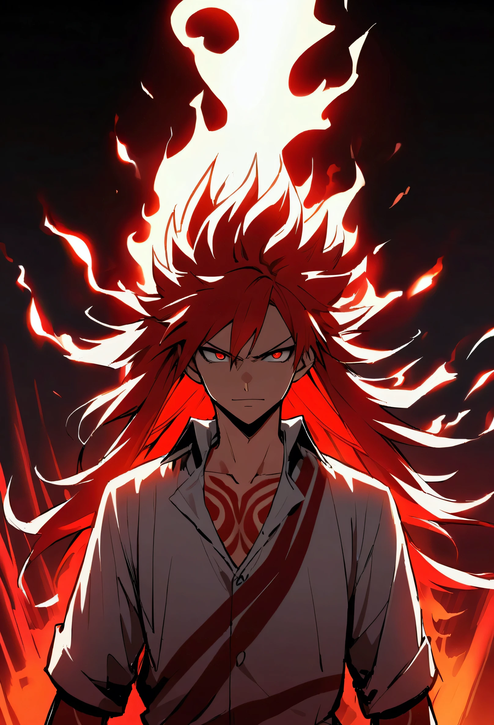 teenage boy, spiky hair, long hair, bright red hair, big strip, Eyes red, serious face, simple smile, loose, flared white shirt, many red tattoos on the body, fiery aura.
