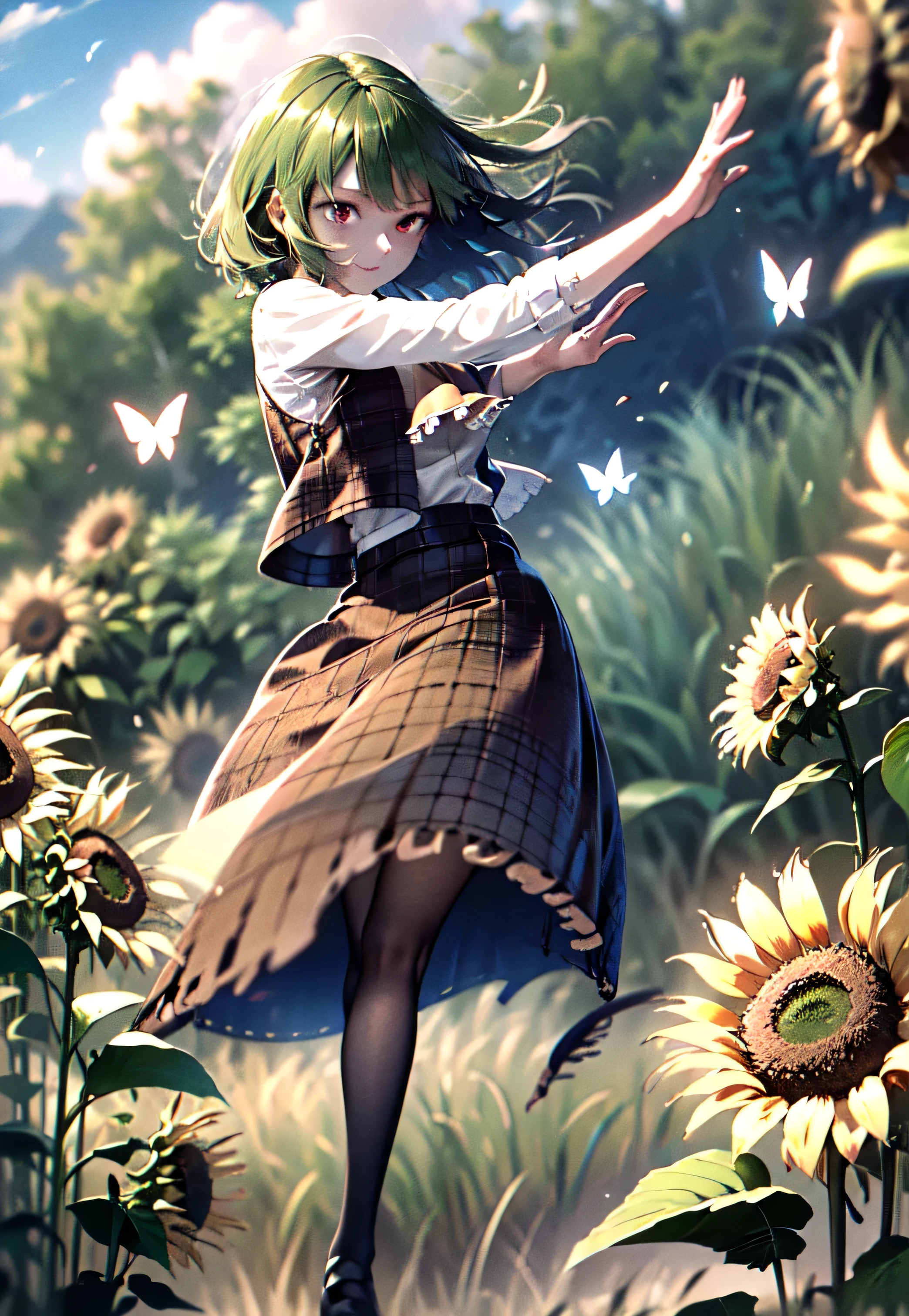 [(white background:1.5),::5], 1girl, kazami yuuka, green hair, ascot, solo, absurdres, masterpiece, best quality, illustration, cute, film_grain, extremely detailed face, perfect lighting, smile, far shot, full body, butterflies, flowers, sunflowers, floating petal, field, grassy plain, plants, grass, daytime, sun, sunlight