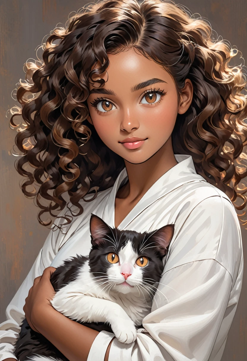 A young black-skinned woman with curly hair with brown eyes in a white outfit holding a cat in her arms