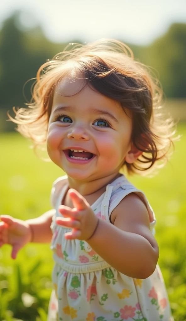 Create a UHD photorealistic image of a 36-month-old girl named Solène, playing outside on a sunny day with a radiant smile. Captured with a 24mm f/2.8 lens to capture the bright sunlight and her lively expression. Ensure exactly five fingers, no 3D style image, no animation style, no Pixar style animation.
