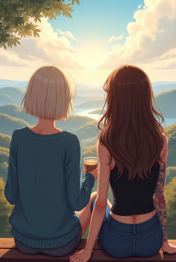 Une illustration de deux filles qui boivent un café assises sur un banc qui regardent l'horizon le paysage en face d'elles. We only see them from behind, we don&#39;t see their faces, we only see their backs. They are far from each other. The first girl has platinum blonde hair with a very straight shoulder length bob and a blue sweater.. The second girl has very long brown hair down to her back and wavy and a black tank top. She has her entire right arm tattooed. 