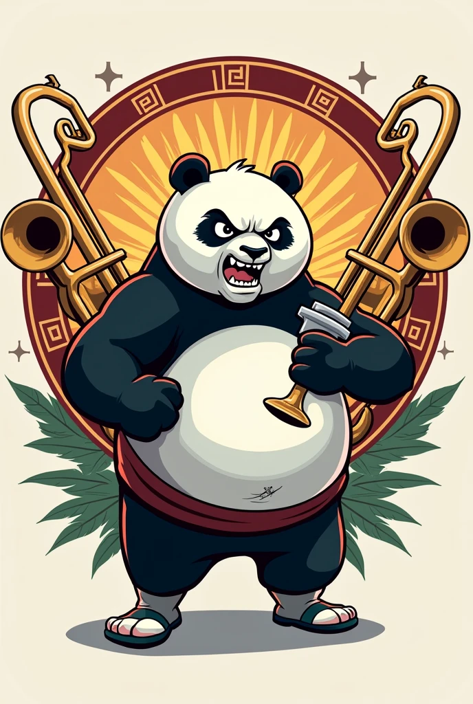 I want you to develop a logo that unites medicine and brass music. I want the sides to have trumpets and in the middle to unite the relationship between medicine and music. You can add an angry Kun Fu panda playing. 