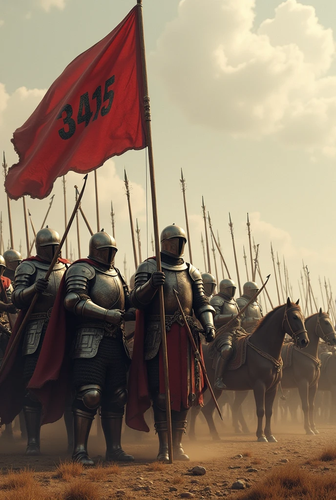 (Photorealism:1.2); Five strong men wearing armor and wielding swords, five men using bow and arrow and five men mounted on horses wielding weapons, profiled in a line. At the front, a strong man holding a flag with the inscription 3415.