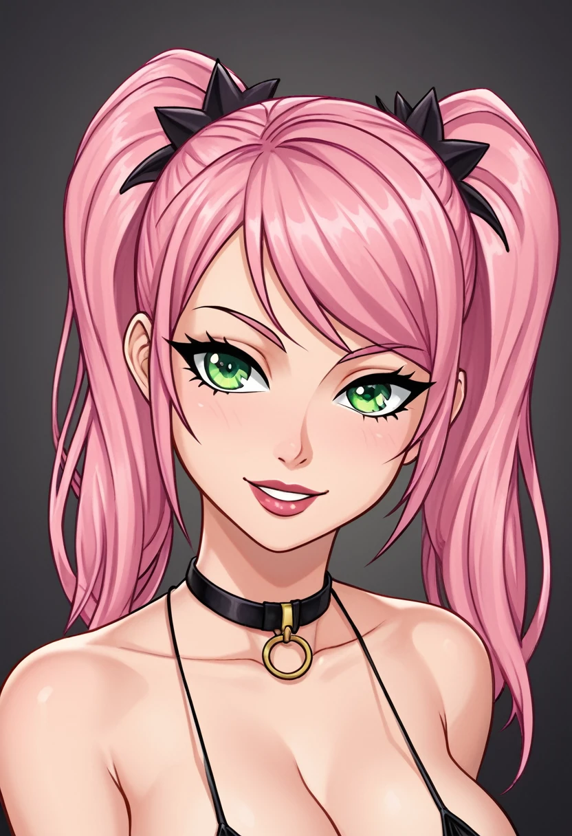 Make a cartoon bright dark pink hair, Gray-green eyes