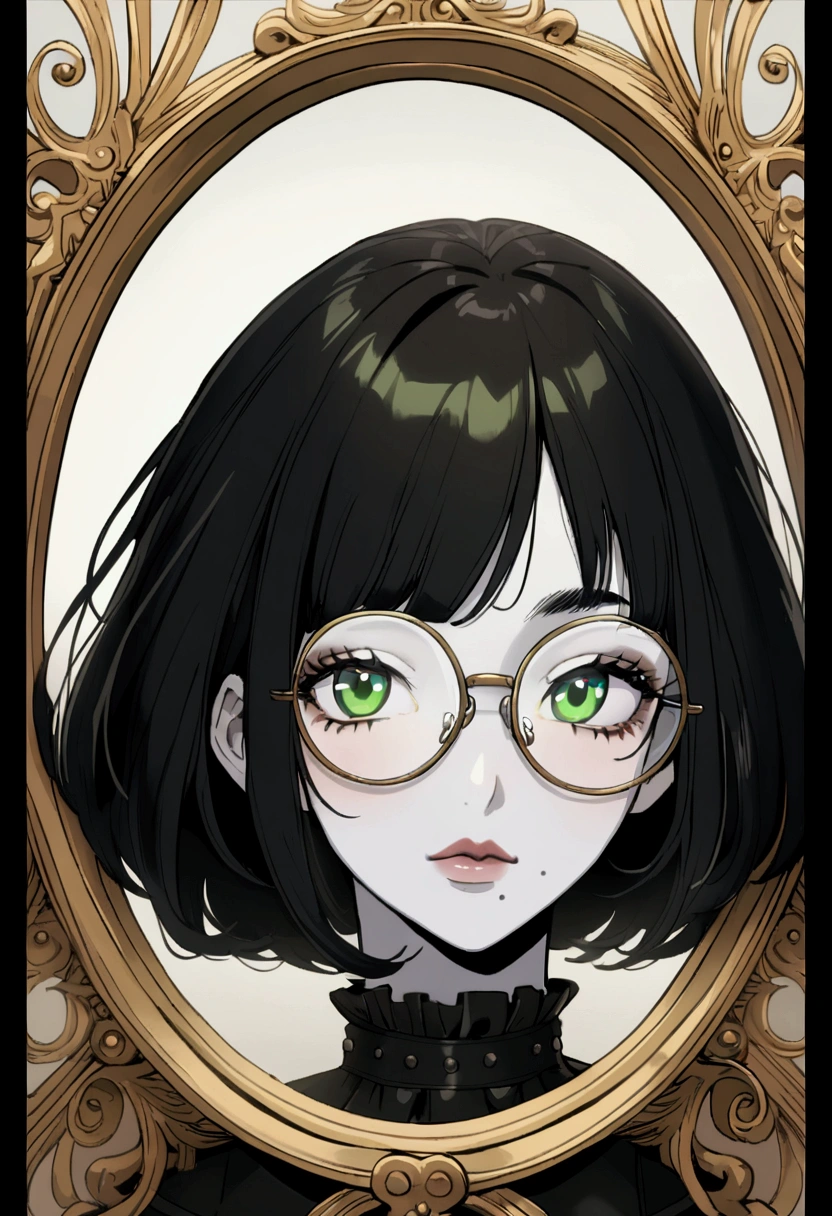 1 anime woman, mature, black short hair, chartreuse green eyes, pale skin, round glasses with thin frame, vintage gothic clothing, a small mole on the upper corner of the right side of the mouth