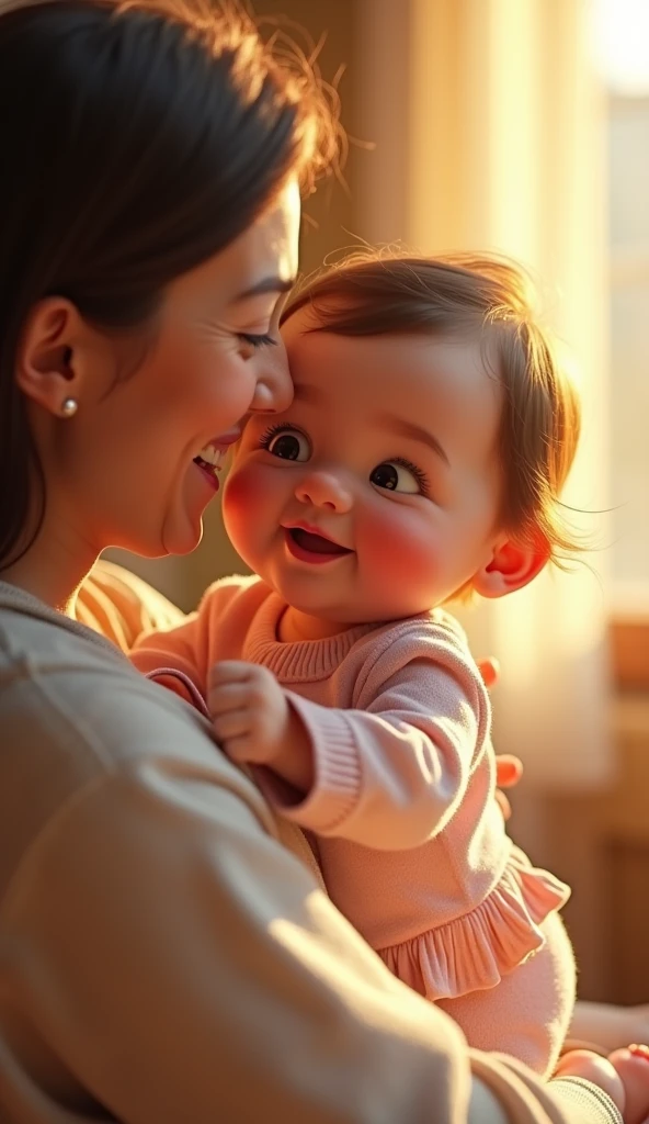 Create a UHD photorealistic image of a -mold giramed Esmée, smiling sweetly while being held by a loving family member. Captured with a 50mm f/1.8 lens to emphasize the affection and warmth of the moment. Ensure exactly five fingers, no 3D style image, no animation style, no Pixar style animation.
