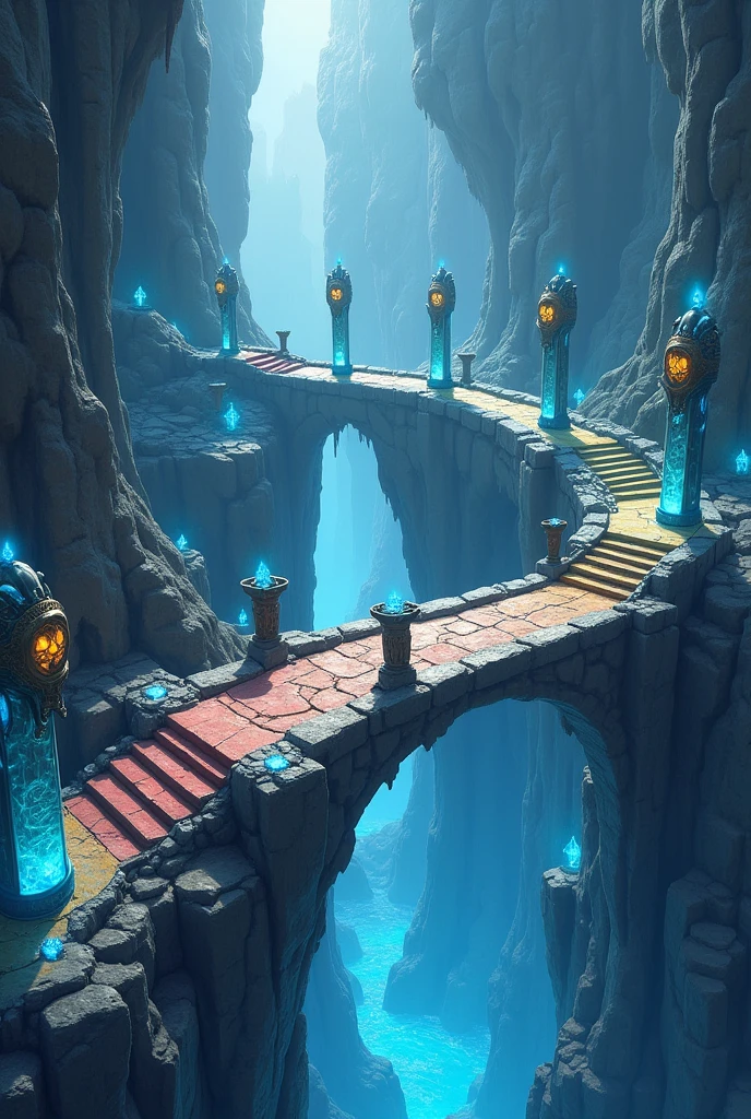 Create a medieval RPG map seen from the skies, with its thick and etd. The map is based on a large bridge in a cold, icy cave, with crystals and the like around it, there is a large hole on the outskirts of the bridge. When the bridge ends (connects with the other side) there is a flat area where there are 5 pillars where each pillar holds a type of animal as its main image, respectively: Snake, lion, raccoon, dolphin and owl. About the bridge, it might be a little broken, some steps simply floating with unknown magic and colorless, they just floated as if they were alive. Remember the crystals that resonate around the entire environment. The hole is so big that its end cannot be seen and after the bridge, the full area must be large, with the five pillars next to each other with just an IMAGE of the previously mentioned animals, not the animals themselves, but just these notches in each pillar. Each pillar must be different, since they are different animals. The first pillar must bear the image of a snake, the second must bear the image of a lion, the third bears the image of a raccoon, the fourth the image of a dolphin and the fifth bears the image of an owl. About Pilates itself, imagine that they are bookends, Pilates made of stone with blue details of precious crystals. The bridge must be long and curved to the left, making it like an arrow and the pillars must STAY **AFTER** THE BRIDGE. **FIVE** SMALL BOOKSTANDS MADE OF STONE NEXT TO ANOTHER