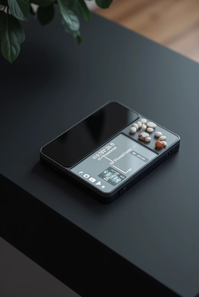 Make an automatic programmable pill dispenser with a screen where the instructions appear, be portable with a background on a black desktop


