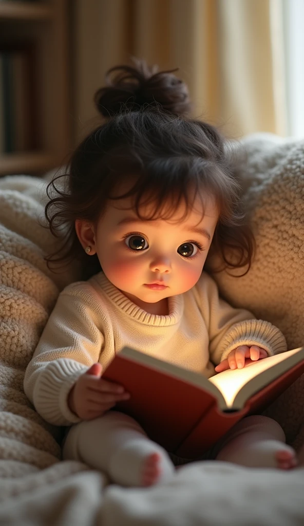 Create a UHD photorealistic image of a 14-month-old girl named Cléophée, holding a book in a cozy reading nook, looking thoughtfully. Captured with a 50mm f/1.4 lens to focus on her thoughtful expression and the warm reading environment. Ensure exactly five fingers, no 3D style image, no animation style, no Pixar style animation.