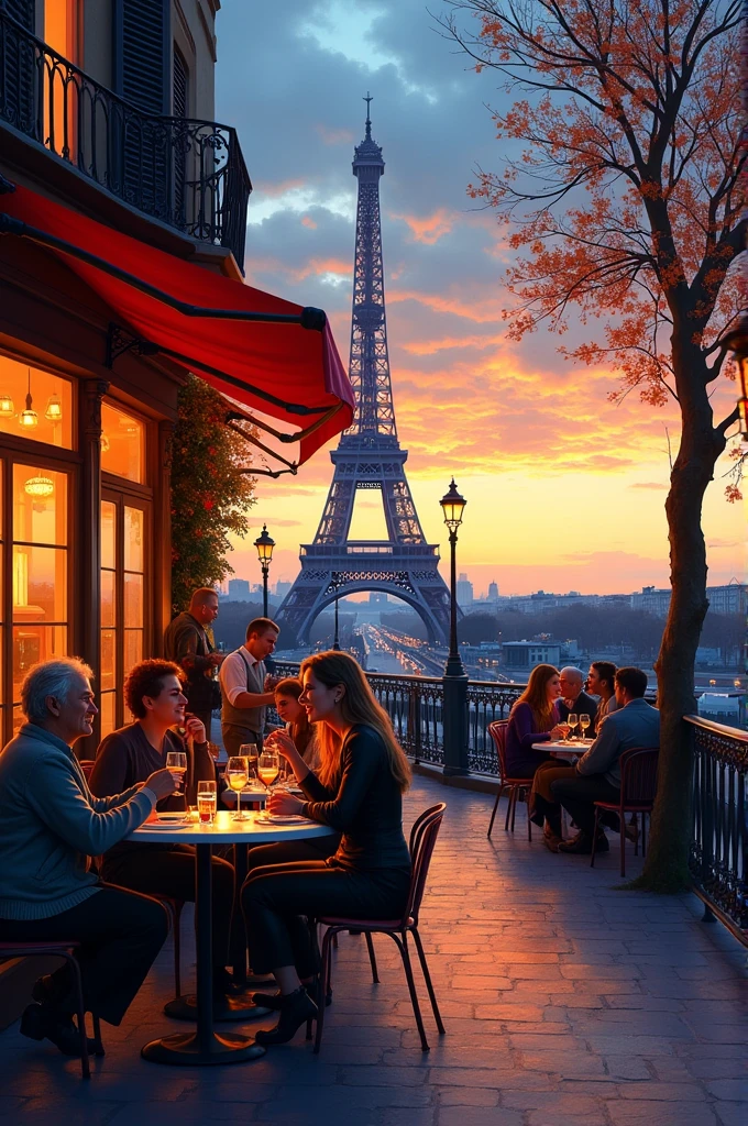 A fall in Paris at dusk, with tables and chairs on the sidewalk, People chatting and laughing, Waiters serving wine and a view of the Eiffel Tower in the background under an orange and pink sky