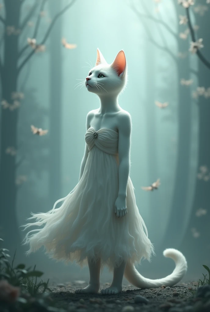 There is a beautiful white female cat, human shape, human legs, limbs and body, alone and sadly looking at the sky, wearing a beautiful dress, with tears in her eyes, she is looking away as if looking for an edge.