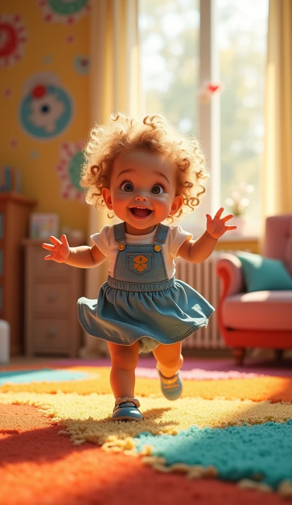 Create a UHD photorealistic image of a 20-month-old girl named Apolline, dancing joyfully in a brightly colored room. Captured with a 24mm f/1.8 lens to capture the vibrant colors and her joyful movement. Ensure exactly five fingers, no 3D style image, no animation style, no Pixar style animation.
