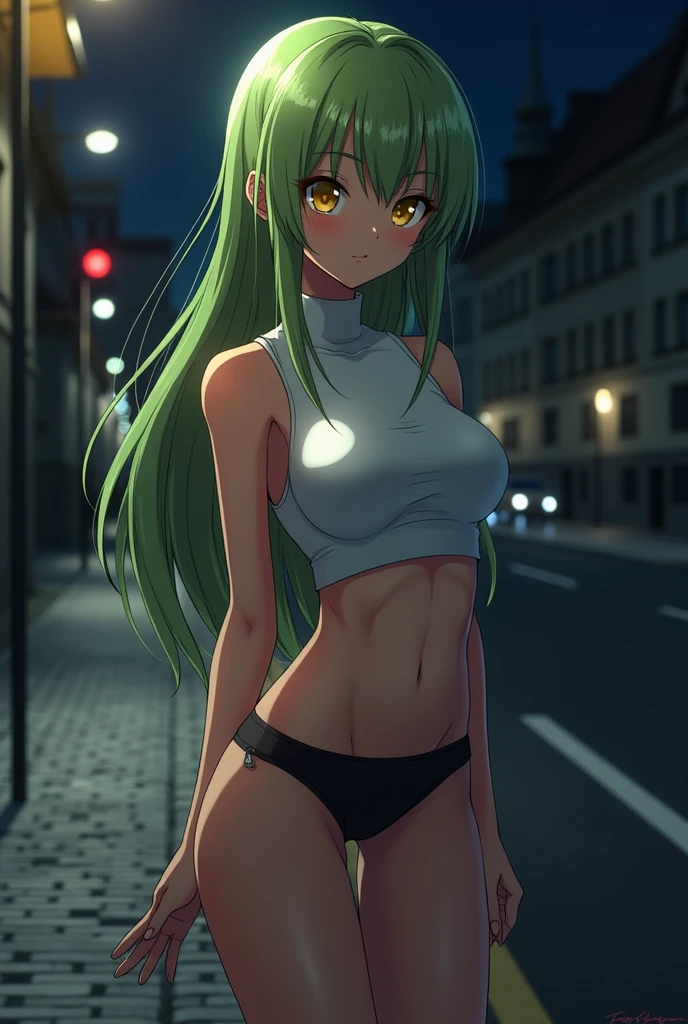 ((c2 from code geass as a hooker wearing booty shorts and cropped sleeveless white turtle-neck while standing on pavement close to road with a seductive expression)). ((fair skinned girl with long, almost waist-length light green hair and golden eyes)), ((nighttime)), (((Prague))),