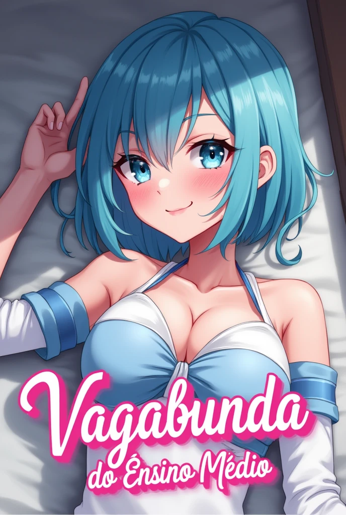 a female character lying on her back with her hands behind her head, showing a slight smile on her face. She has Her hair, an unusual cyan shade, cut into a chic, asymmetrical bob that frames her heart-shaped face. The locks tend to fall haphazardly over one eye, giving her a perpetually coquettish look. She has an hourglass figure, accentuated by her tight, low-cut school uniform tops that show off her full breasts. and tied into a high bun. The character is wearing a partially unbuttoned shirt, revealing a bit of her bust. She is lying on a flat surface that appears to be the floor, in a closed environment. The perspective of the image is slightly tilted, which gives a feeling of closeness and intimacy to the scene. If I were to color the image, I would choose the following colors: 1. **Hair**: Cyan hair, to match the anime/manga style that appears to be the character's origin. 2. **Eyes**: A soft light blue tone, to enhance the facial expression. 3. **Shirt**: White or a shade of light blue, which are common colors for women's uniforms or dress shirts. 4. **Skin**: A light, rosy skin tone. 5. **Environment**: Neutral tones, such as gray or beige for the floor and walls, keeping the focus on the character. These colors would maintain the soft, pleasant tone of the scene while highlighting the character's details. Below the image in a pink and fun text should be written A vagabunda do Ensino médio" make a beautiful and elegant font for a book cover it could be a serif with delicate details, A serif font, with thin and curved strokes, conveying sophistication and timelessness, the letters must be in pink, com um contorno grosso e branco, as letras devem brilhar em rosa e elas devem ser bem grandes. do it anime style