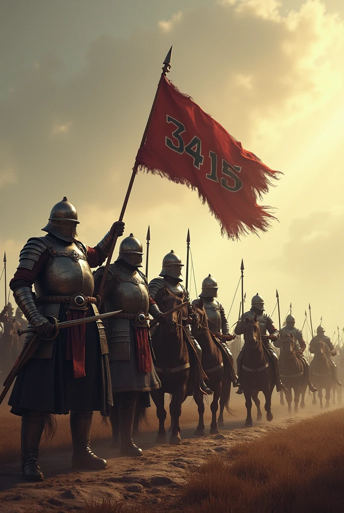 (Photorealism:1.2); Five strong men wearing armor and wielding swords, five men using bow and arrow and five men mounted on horses wielding weapons, profiled in a line. At the front, a strong man holding a flag with the inscription 3415.