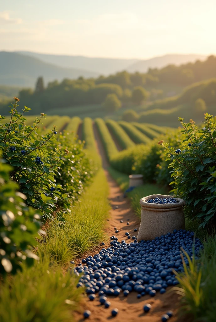 BLUEBERRY FIELD WITH BAGS FULL OF BLUEBERRIES AND A WIDE PATH IN THE MIDDLE HORIZONTAL IMAGE