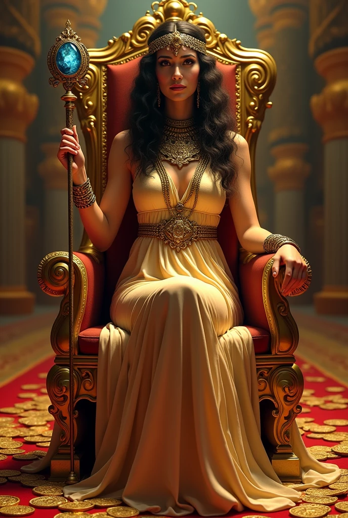 Infinity Cleopatra in a golden dress sitting on a throne holding a large staff with a blue stone on the tip and a red carpet full of coins on the floor she is wearing a necklace and bracelets