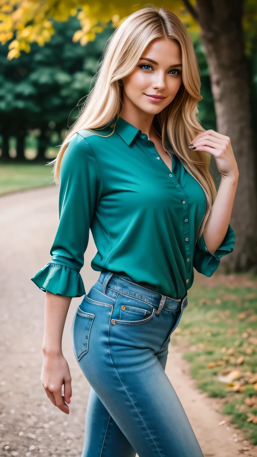 Realistic full body photo of a smiling, Young blonde woman with long hair, She dances in front of the camera in a long tight green blouse and tight jeans.., Park,glamour fotoshooting, Park, perfect anatomy, perfect blue eyes. Perfect hands with 5 fingers on each hand, Matching girl, look into the camera, 1 Frau. (Eye make up:1.1), (highly detailed skin:1.1), spirit, analog style, keen focus, 8K UHD, dslr, good quality, Fujifilm XT3, Grain, Award-winning, masterpiece. Park