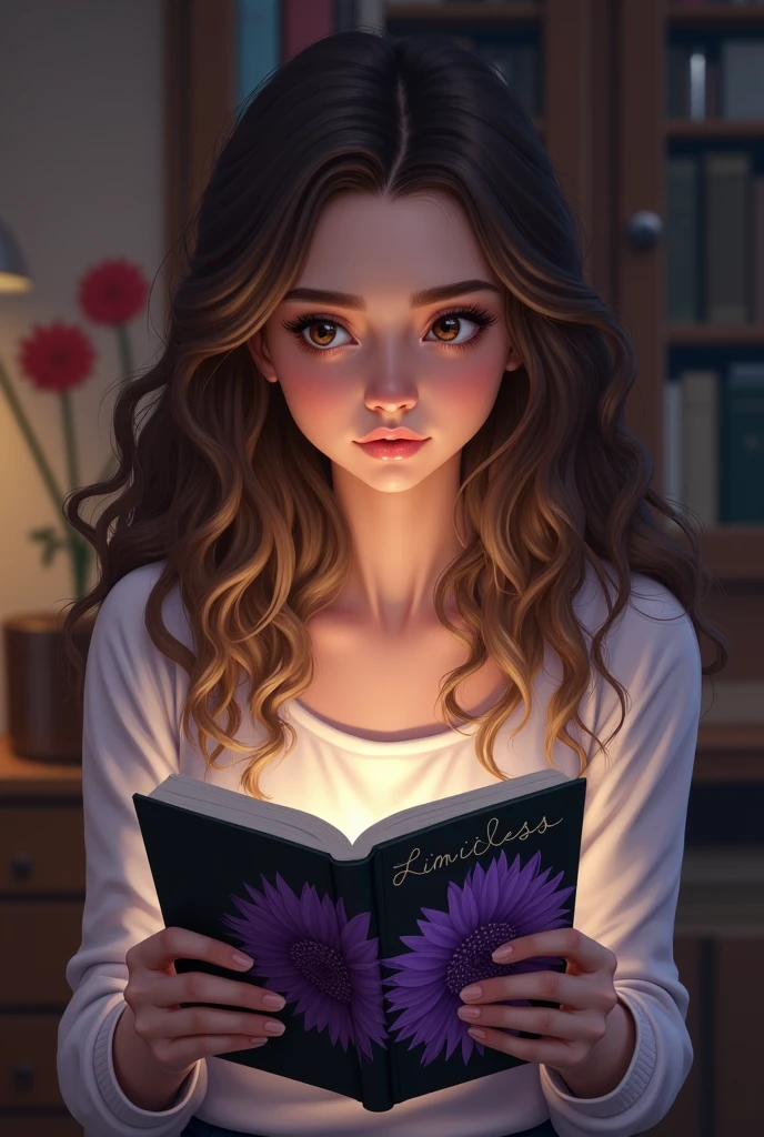 girl with brown wavy hair looking at a book with a cover with a purple dahlia on it called limitless in realistic version