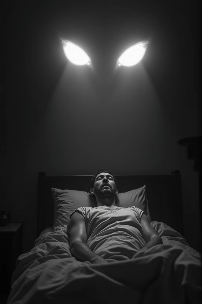 A black and white image of a man sleeping in a bed seems to speak on both sides of his ears demonic shadows whispering things to him and on the ceiling 2 cat eyes 