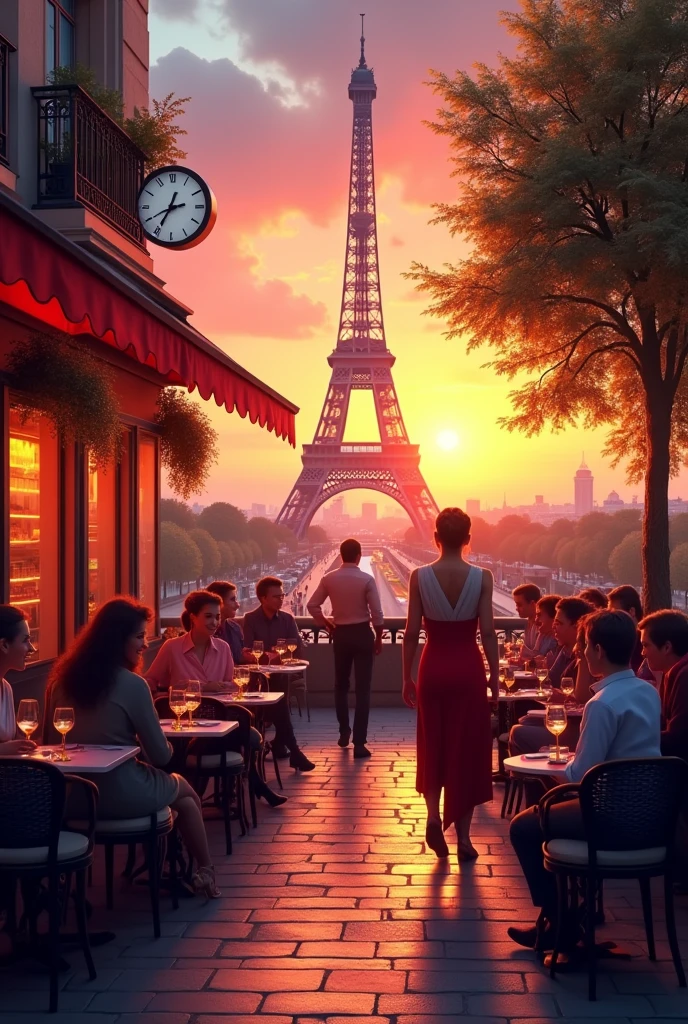 A coffee in Paris at sunset, with tables and chairs on the sidewalk, People chatting and laughing, Waiters serving wine and a view of the Eiffel Tower in the background under an orange and pink sky