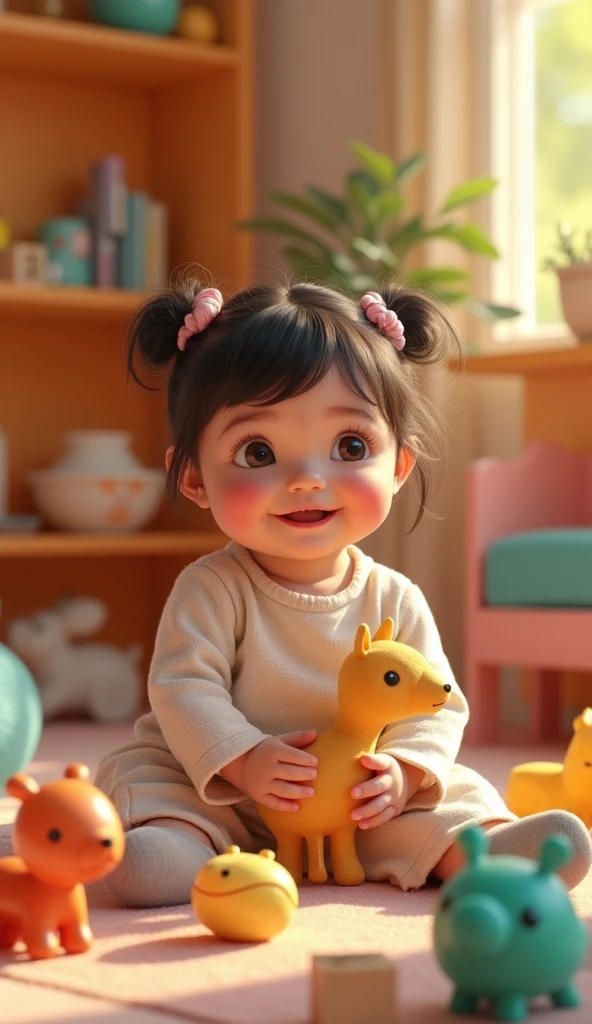 Create a UHD photorealistic image of a 22-month-old girl named Thaïs, playing with charming toys in a colorful, inviting room. Captured with a 24mm f/2.8 lens to capture her natural charm and the vibrant surroundings. Ensure exactly five fingers, no 3D style image, no animation style, no Pixar style animation.